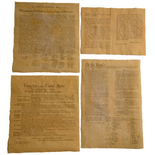 4 Antiqued Parchment Paper US Historical Documents - The Declaration of Independence, The US Constitution, The Bill Of Rights, and the Gettysburg Address