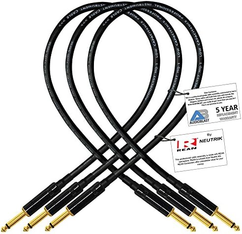 3 Units - 2.5 Foot - Audioblast HQ-1 - Ultra Flexible-Dual Shielded (100%) - Guitar Instrument Effects Pedal Patch Cable w/Neutrik-Rean NYS224BG Gold ¼ inch (6.35mm) TS Plugs & Triple Staggered Boots