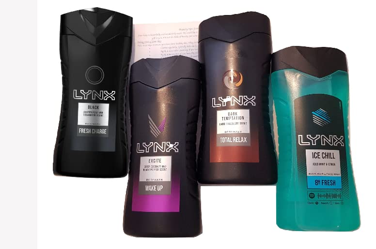 Lynx Shower Gel Bodywash Set 4 x 250ml Cleansing Wash for Men 4 Great Flavours with Exclusive Beauty Tips Sheet from Kingdom Supplies