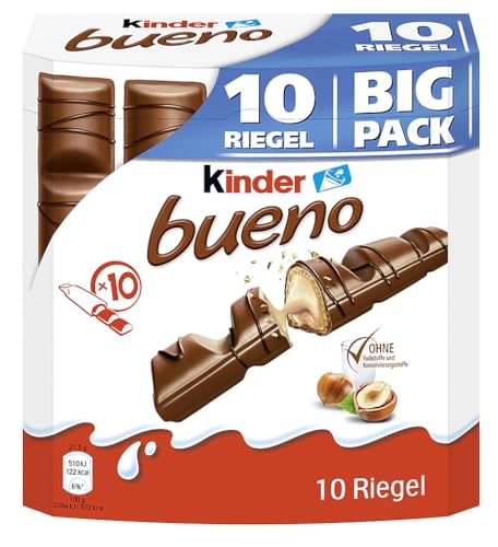 kinder bueno Big Pack – Schokoriegel mit knuspriger Waffel, feiner Milch-Haselnuss-Cremeund zarter Vollmilchschokolade – 1 Großpackung mit 10 einzeln verpackten Riegeln (10 x 21,5 g) thumbnail 1