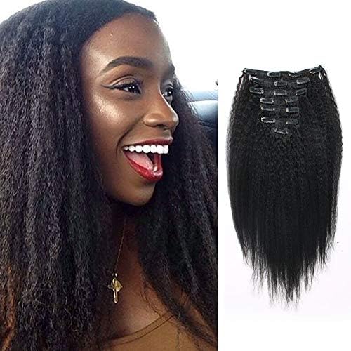 Lovrio Kinky Straight Clip In Hair Extensions Real Human Hair Remy Thick Human Hair Clip in Extensions for Black Women Natural Black Color 7 PIeces 17 Clips 120g Per Set, 14 Inch Kinky Straight Clip Ins