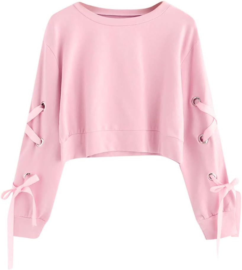 Women's Cropped Sweatshirts Solid Color Long Sleeve Crop Tops Pullover O Neck Blouse