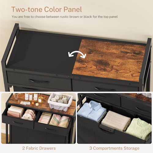 FIONESO Rolling Laundry Basket with 3 Section Pull-Out Bags, Laundry Hamper with 2 Drawers, 2-Tone Top Panel Laundry Sorter, Laundry Basket Organizer with Wheels, Laundry Room, Bathroom, Black