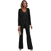 3 Piece Mother of The Bride Pantsuits for Wedding Chiffon Lace Sequins Formal Evening Party with Jacket
