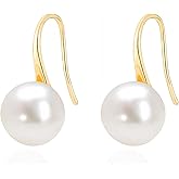 Geelein Pearl Drop Earrings for Women, 14K Gold Plated 10mm Pearl, Elegant Minimalist Dangle Earrings for Wedding & Bridesmaid
