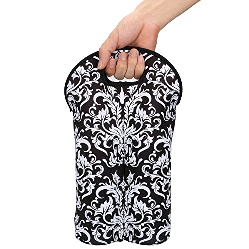 2-Bottle Insulated Neoprene Wine/Water/Beverages Bottle Tote Wine Carrier Picnic Cooler Bag (Black Flower) - Thumbnail 2