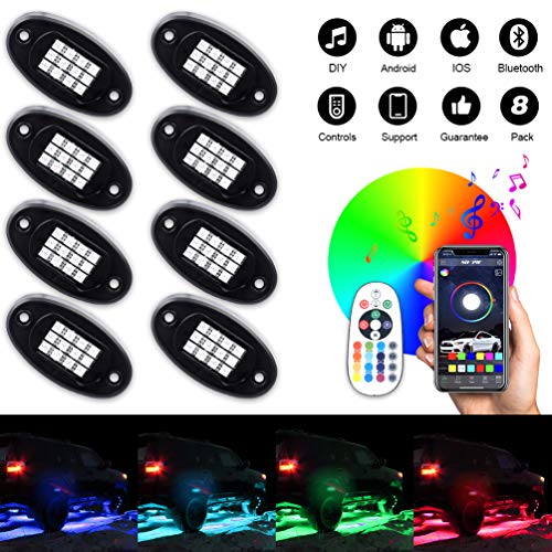 ROCCS 8Pcs RGB LED Rock Light Multicolor Neon LED Light Kit with Bluetooth Wireless Remote Control for Jeep Off Road Car Truck Underbody Vehicle Tail Glow Lamp