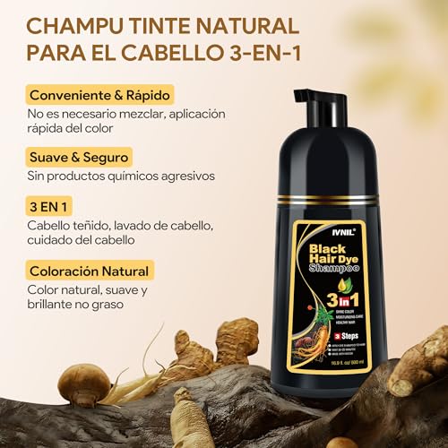 Black Hair Dye Shampoo 3 in 1, Shampoo para Canas con Tinte, Champú para Teñir el Cabello Negro, Cobertura de Canas con Ingredientes Herbales, 500ml (Negro)