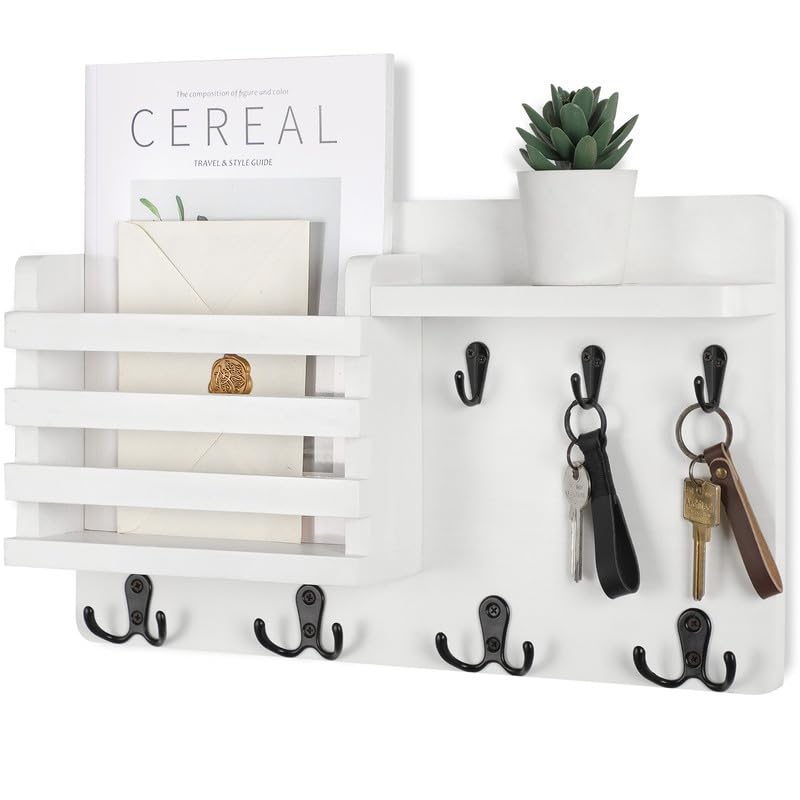 Photo 1 of Nekon Mail Holder for Wall Mail Organizer with Key Hooks Hallway Farmhouse Decor Letter Sorter Made of Natural Wood with Floating Shelf and Flush Mount Hardware (16.8Inch x 10Inch x 3.2Inch)