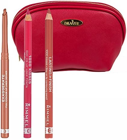 Rimmel Lip Liner Kit with Three Shades; Innocent, Indian Pink and Wild Clover with Deep Red Draizee Leather Cosmetic Bag