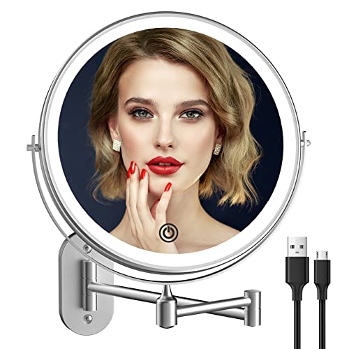 Rechargeable Wall Mounted Lighted Makeup Mirror with 3 Color Lights, 8