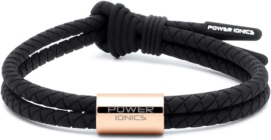 Power Ionics Weave Band Unisex Waterproof Ions and Germanium Sports Fashion Bracelet (Black/Rosegold Bead)