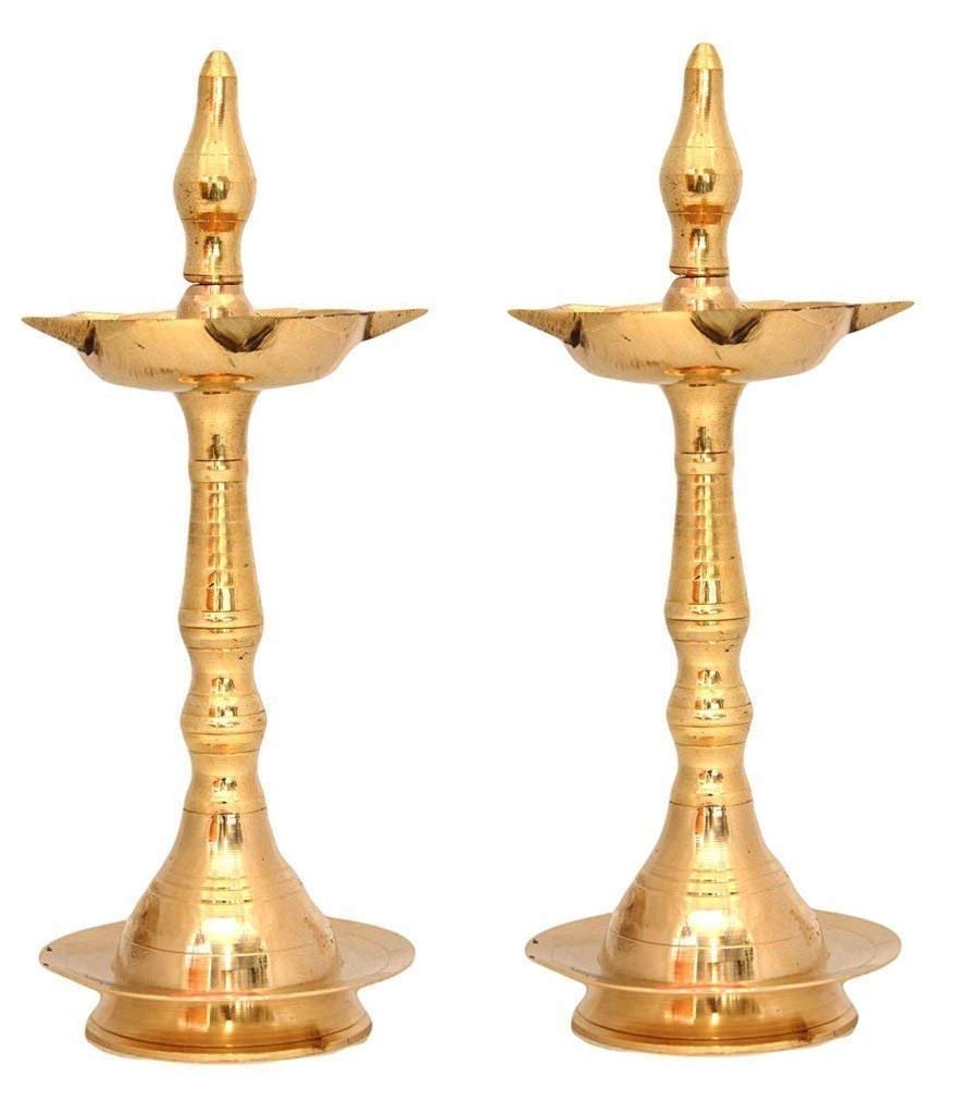 Photo 1 of NOBILITY Brass Oil Lamp Diya 10 Inch Kerala Traditional Samai Deepak Lamp Kutthu vilakku Panchmahal Deepam for Pooja Mandir Diwali Indian Gift Items Puja Set Pack of 2