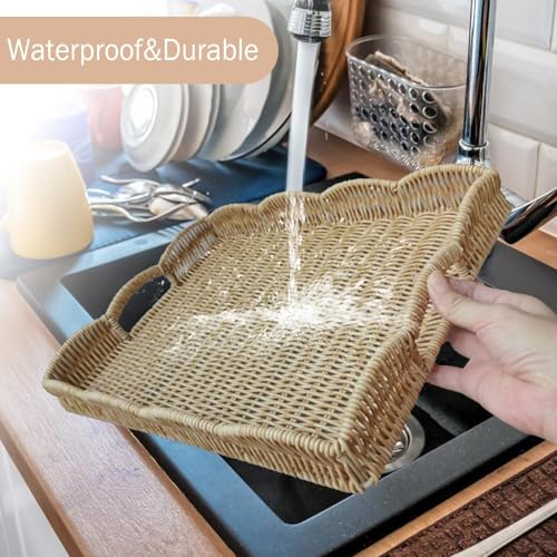 Serving Tray with Scalloped Edge, Rectangular Wicker Tray with Handles, Ideal for Breakfast or Meals in Bed and on Sofa, Decorative Coffee Table Tray to Enhance Dining