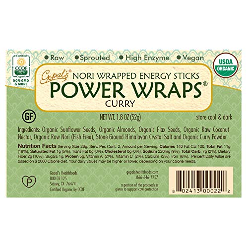 Gopal's Curry Power Wraps, Vegan and Gluten-Free Organic Food, Raw and USDA Certified Nori-Wrapped Energy Sticks 1.8 Ounces (Pack of 24)