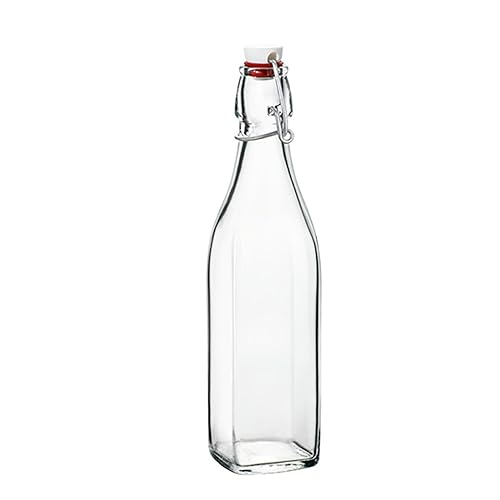 Bormioli Rocco Swing 17 oz. Square Swing-Top Glass Bottle with Airtight Seal and Metal Clamp for Drinks, Juices, Wine, or Dressings, Single Bottle