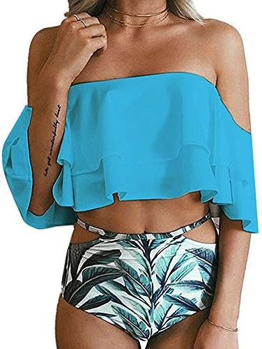 MOONOO Women Generous Sexy Fashion Beach Floral Print Flounce Two Piece Swimsuit High Waist Ruffled Bikini