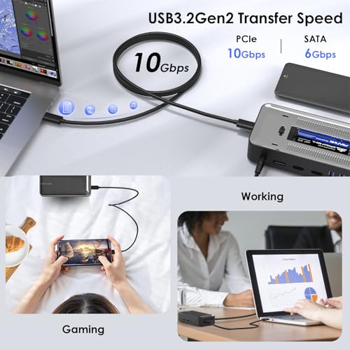 WAVLINK Triple Display Dock, 13-in-1 Type-C 10Gbps Hub with M.2 PCIe/SATA SSD Enclosure, Support 100W PD, 4K@60Hz HDMI/DP, USB C/USB-A Gen 3.2/3.1, SD/TF, Gigabit RJ45 for Windows, Mac OS