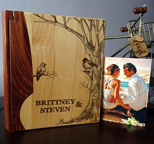Personalized Wood Cover Photo Album, Custom Engraved Wedding Album, Style 99 (Maple & Rosewood Cover)