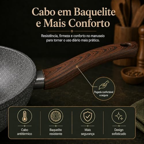 Frigideira Wok Antiaderente Revestimento Cerâmico 28cm 4,3 Litros Alumínio 2.3mm com Tampa Vidro Fundo indução, Cabo Baquelite Antitérmico (Granito)