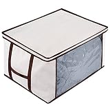 MaidMAX Jumbo Zippered Storage Bag for Blanket, Clothes, Breathable Folding Canvas Comforter Storage Bag Organizer with Clear Window, Linens, Beige
