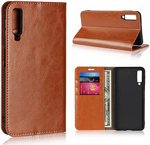Samsung Galaxy A7 2018 Case+Tempered Glass Screen Protector,Ultra thin Genuine Leather Case [Card Slots][Creative Foldable Stand][wallet Case]Flip Cover Suitable for Samsung Galaxy A7 2018 (Brown)