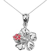 Dainty Sterling Silver Red CZ Caribbean Hibiscus (Malvaceae) Pendant Necklace