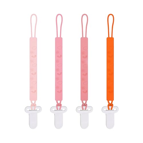One Piece Design Silicone Pacifier Clip Holder for Baby Boys and Girls,Pack of 4 Flexible Paci Leash,Binky Clips,Newborn Essentials (Sun & Cloud & Rainbow, Pink)