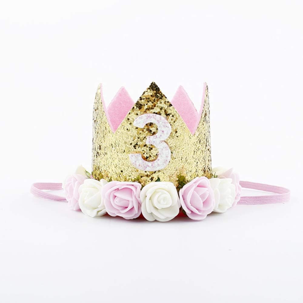 Baby Boy Girl First Birthday Crown, Sundecor Number 3 Headband Little Prince Princess Birthday Hat Sparkle Gold Style 3rd Birthday Decorations Tiara Crown Cake Smash Photo Prop, Girl Pink