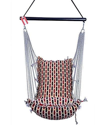 Kkriya Maarketing Teak Chair Hanging Cotton Single Patio Rope Swing Seat (Red and Silver)