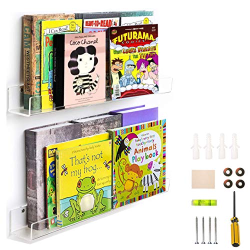 WINKINE Kids Book Shelves, 2 Pack Clear Invisible Wall Mounted Acrylic Floating Bookshelves 24 inch, Ledge Hanging Book Shelves for Kids Display Organizer Room Wall Decor - Thumbnail 6