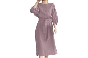 SHOPESSA Linen Dresses for Women 2024 Casual Solid Color Work Dress Long Sleeve Tie Waist Knee Length Dress Boho Dress