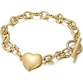 Elefezar Chunky Stainless Steel Heart Bracelet for Women Minimalist Twist Cahin with Toggle Clasp