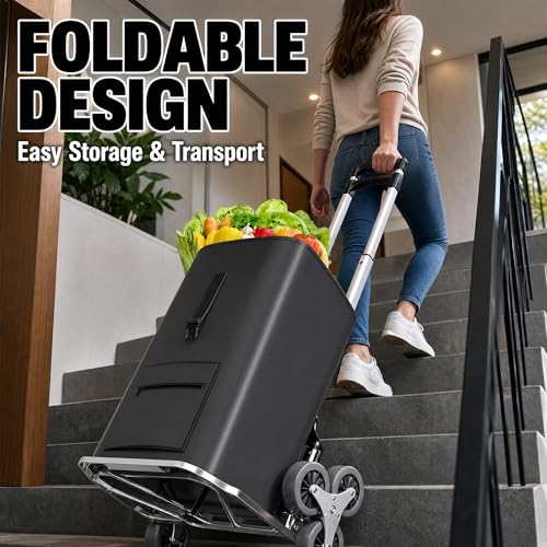 ALISMAEEL Stair Climbing Cart 70KG Capacity Foldable Trolley Cart with Wheels,Thickened Aluminum Alloy Frame Silent Stair Climbing Wheels Elastic Rope Detachable Shopping Bag, for Home and Office