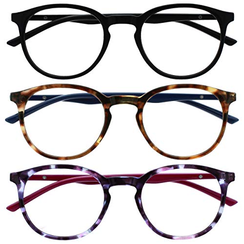 OPULIZE MET Blue Light Blocking Reading Glasses for Women Men, Slim Round Frame with Scratch Resistant and Spring Hinges, Computer Glasses with Anti-Reflective, Black,Brown,Purple +3.5