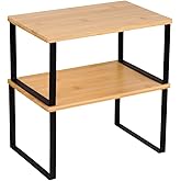 Kitchen Cabinet Organizer Shelf, Set of 2 Stackable Counter Shelves, Small Wood Cabinet Riser Shelf for Pantry Cupboard Spice Dish Mug Cup, Expandable, Metal Engineered Wood (Beige & Black, 11.7''W)