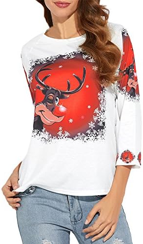 Saitingdianzi Women Christmas Elk Printed Shirt Casual Three Quarter Sleeve Blouse