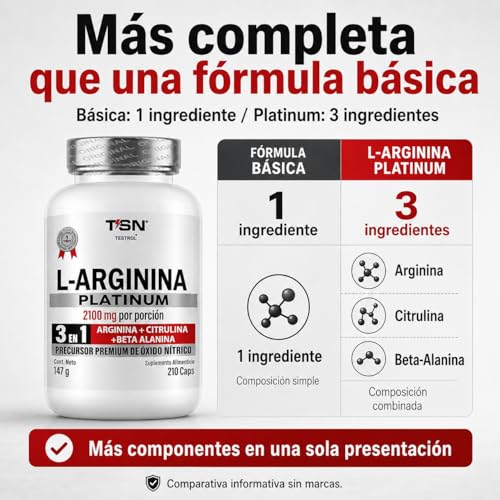 Arginina Platinum 2100mg por porción | L Arginina + L Citrulina + Beta Alanina | Pre Workout | Pre Entreno sin Cafeina | Precursor de Oxido Nítrico | Rendimiento y Energia | Testrol TSN (210 Cápsulas).