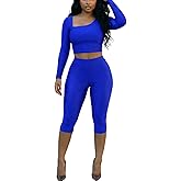 Adogirl 2 Piece Sets for Women Sexy Long Sleeve Crop Tops Bodycon Legging Capri Pants Outfits Y2K Going Out Jumpsuits