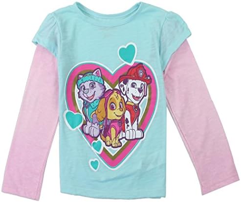 Paw Patrol Toddler Little Girls Hearts Graphic Long Sleeve Shirt (3T, Blue/Pink)