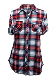 Women's Short Sleeves Button Down Plaid Checkered Shirts