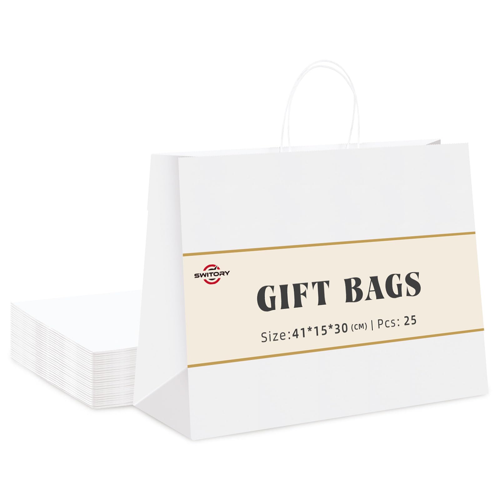 Switory Large Paper Bags for Gifts, White Kraft Gift Bag 16x6x12 Inch, 25 Pcs Party Bags with Handles for Party Favor, Thanksgiving,Birthday,Christian, Christmas.
