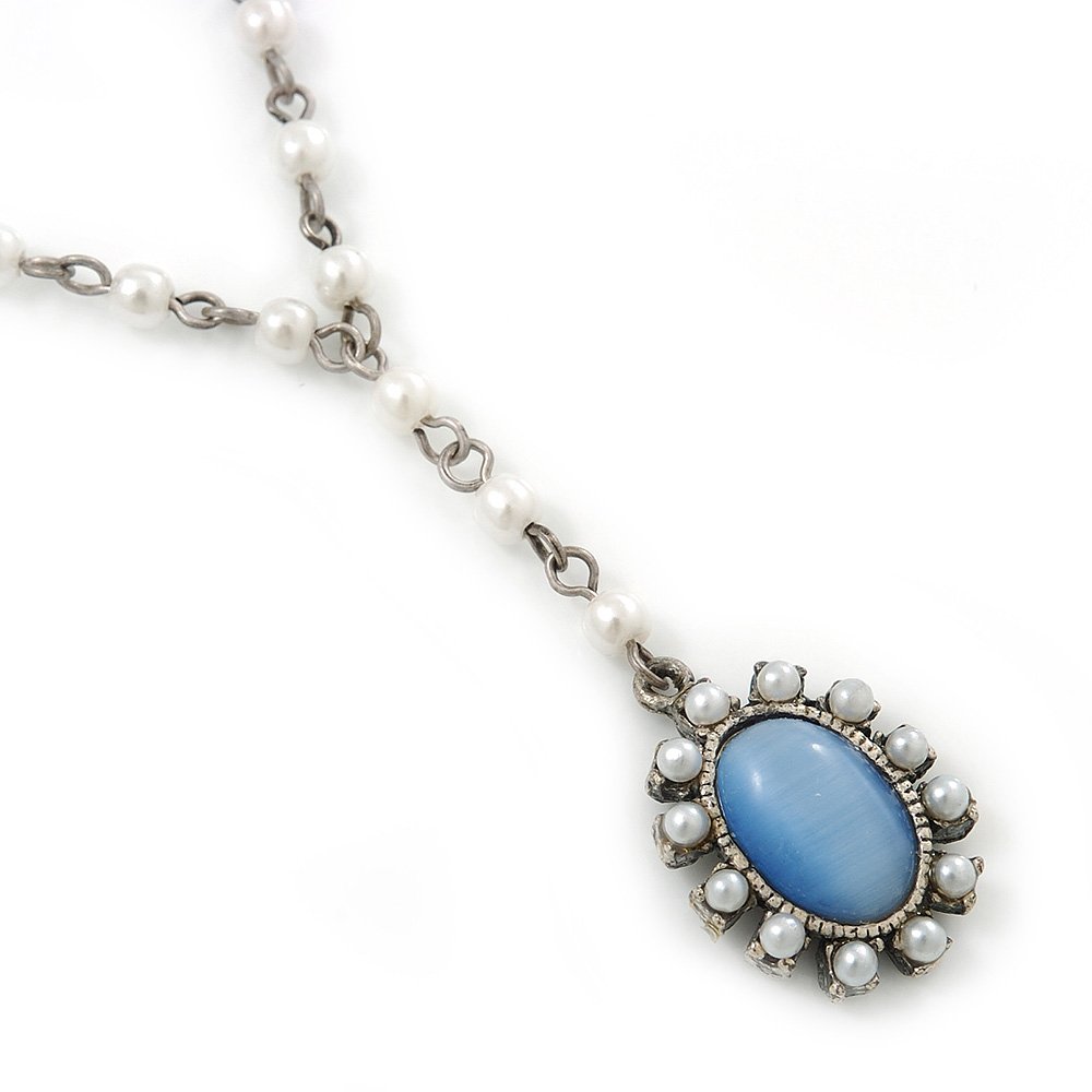 Avalaya White Simulated Pearl Y-Shape Necklace With Blue Cat Eye Oval Pendant In Antique Silver Tone - 38cm Length/ 8cm Extension