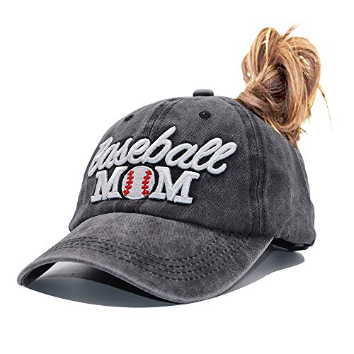 Photo 1 of MANMESH HATT Baseball Mom Ponytail Baseball Cap Messy Bun Vintage Washed Distressed Twill Plain Hat for Women (Baseball Mom 3D Black, One Size)
