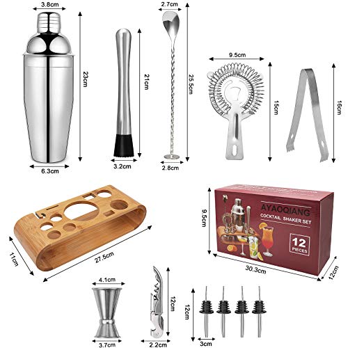 Cocktail Set, Edelstahl Cocktail Shaker Bar Set, 12 Stück Cocktailmixer Set mit Holzständer, Messbecher und Bar Löffel, 750ml Shaker Cocktail Set für Zuhause oder die Bar – Bild 4