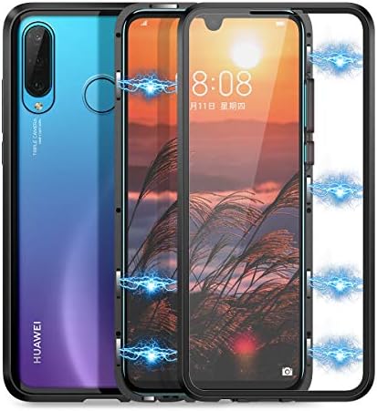 Winhoo for Huawei P30 Lite Case Tempered Glass Screen Protector Magnetic Clear Transparent Flip Cover Shock Proof Hard 360 Degree Full Body Protection Bumper Front and Back - Black