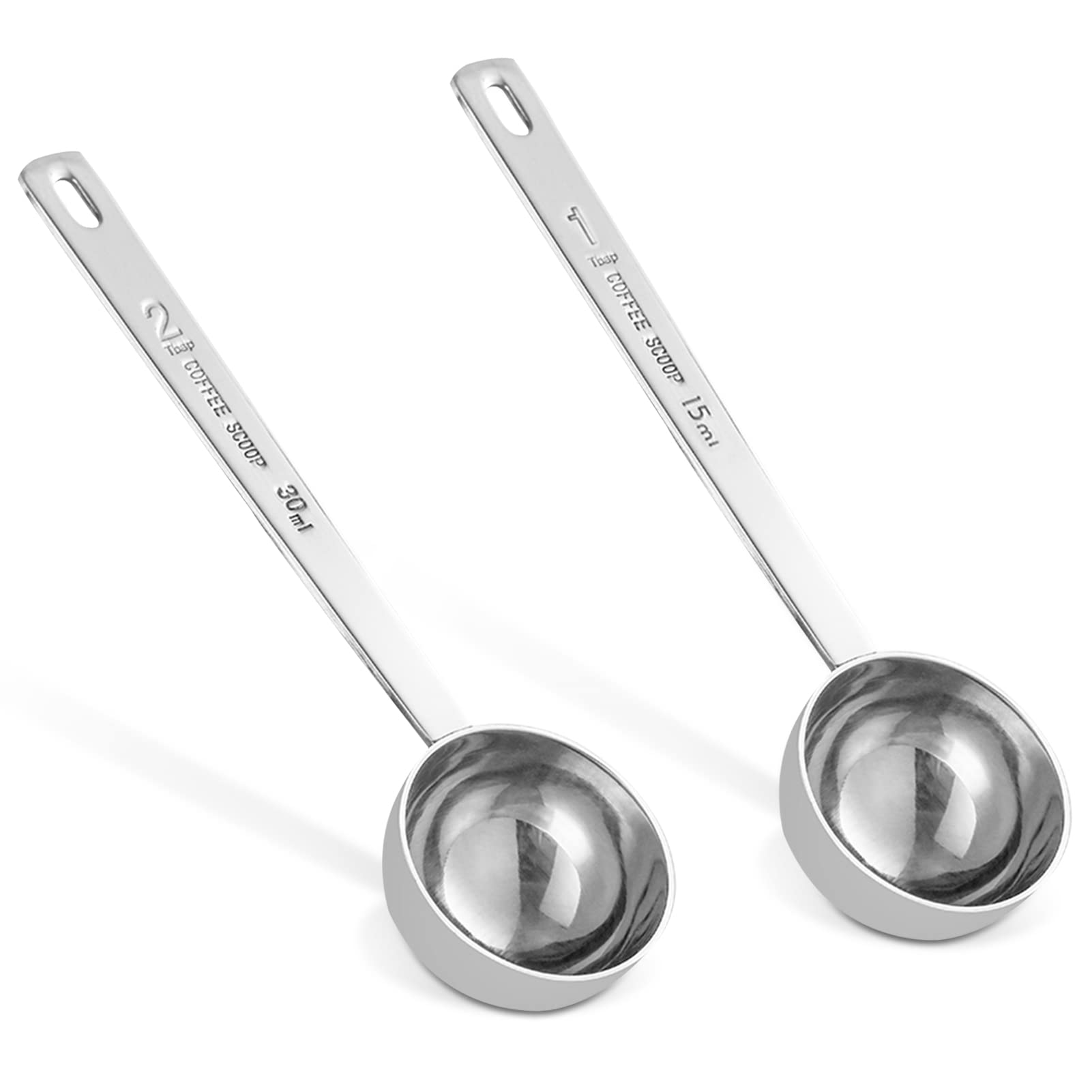 Coffee Scoop, 2pcs Stainless Steel Coffee Measuring Spoon Sugar Tea Coffee Spice Measure Scoop Long Handle Ground Coffee Spoon for Cafetiere Ground Coffee and Beans, 30ml & 15ml