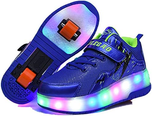 Wasnton Unisex Girl's Boy's USB Chargeable Skate Roller Shoes Unisex Kids LED Double Wheels Retractable Skateboarding Rollerblades Outdoor Sports Gymnastic Sneakers Light up Trainers