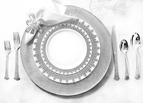 Royalty Settings Silver Ornament Collection Plastic Plates and Cutlery Party Package for 20 Persons, Includes 20 Dinner Plates, 20 Salad Plates, 40 Forks, 20 Knives, 20 Spoons, 20 Teaspoons