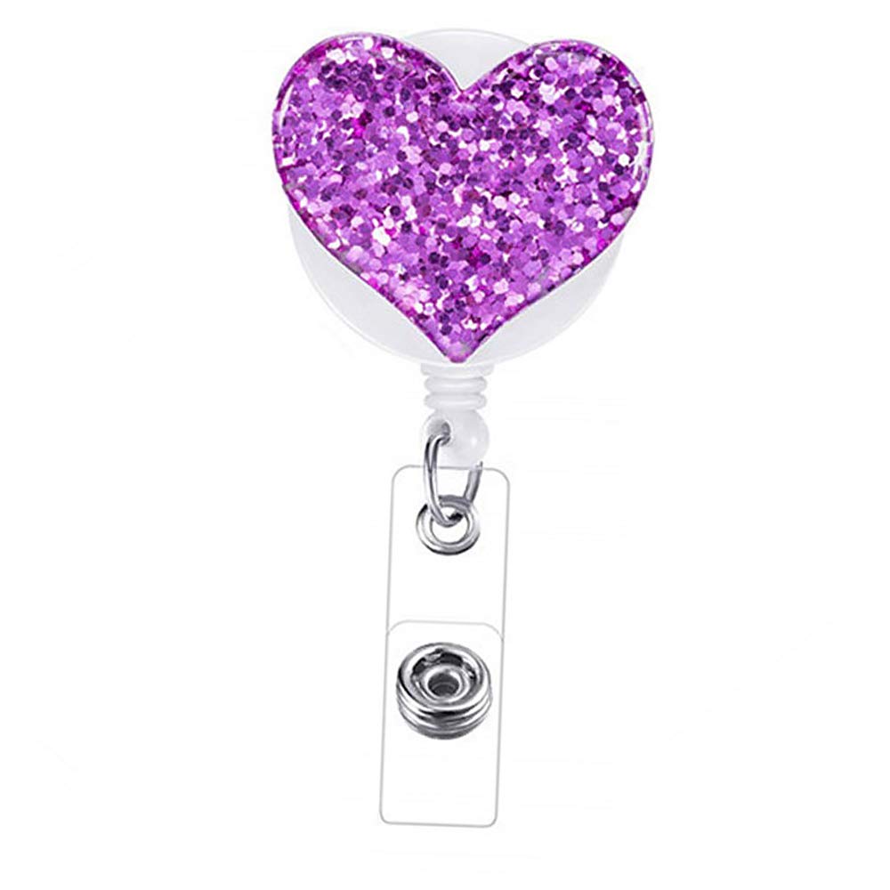 1 Set Retractable Badge Holder with Belt Clip Glitter Heart Yo Yo Yo Badge Holder for Girls Nurses Teachers Students - Purple
